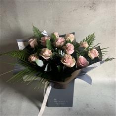 Deluxe 12 Pink Roses Hand-tied Bouquet